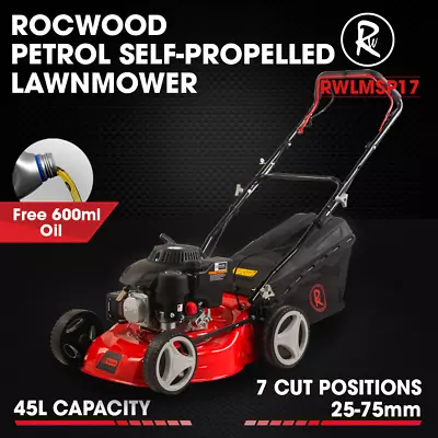 Petrol Lawnmower SELF PROPELLED RocwooD 132cc 17  Mower Plus FREE Oil • £219.99