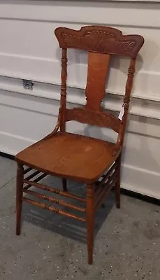 Vintage Oak Pressed Design Crest T Back Plank Seat Dining Kitchen Chair C1900 • $20