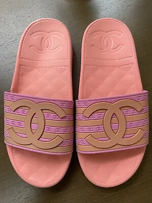 Chanel Jumbo Logo Flamingo Pink Ladies Slides Sliders Flats Flip Flop 36 /3 • £295
