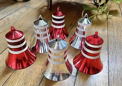 Vintage Plastic 2 1/2  Shiny Red & Silver Striped Bell Chris Ornaments Lot Of 6 • $25