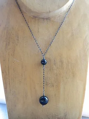 Black Onyx Gemstone Beads & Oxidised 925 Sterling Silver Lariat Drop Necklace • £12.50