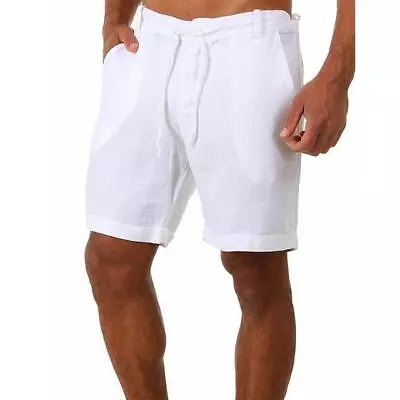 Mens Cotton Linen Shorts Summer Beach Casual Drawstring Chino Loose Short Pants • $10.99