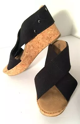 MERONA Cork Tan Wedge Heels Womens Size 6 Mules Open Toe Fabric Studded Shoes • $13.95