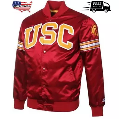 Men's Women USC Trojans Football Red Soft Satin Button-Up Varsity Bomber Jacket • $97.99