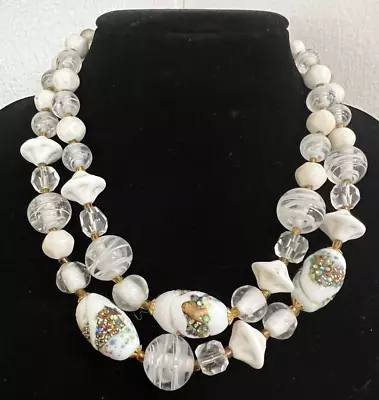 Vintage White Confetti Art Glass Multi Strand Necklace Japan 16   Adjustable  • $9.99