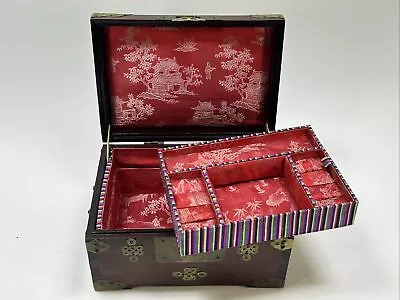 Vintage Chinese Wood Brass Carved White Jade Medallion Ornate Jewelry Box W/latc • $34.99
