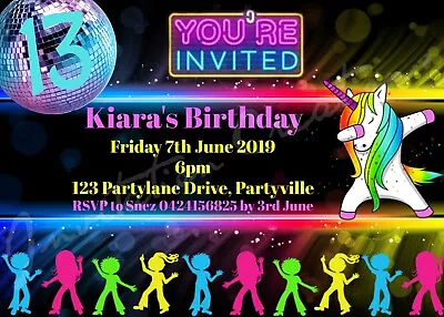 DIY Print Custom BOYS GIRLS DISCO DANCE UNICORN DAB BIRTHDAY Party Invitations • £6.20