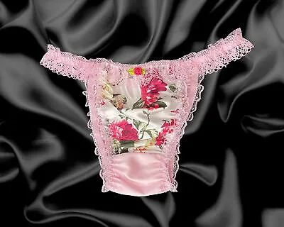 Baby Pink Satin Floral Silky Sissy Frilly Lace Bikini Tanga Knickers Briefs • £13.99