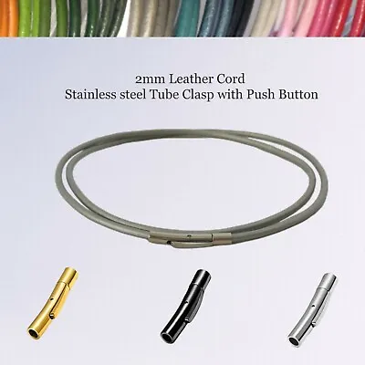 2mm Leather Necklace Cords With Click-On Clasp Tube Clasp With Push Button • $9.95
