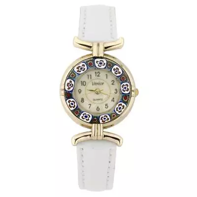 GlassOfVenice Murano Glass Millefiori Watch With Leather Band - White • $69.95