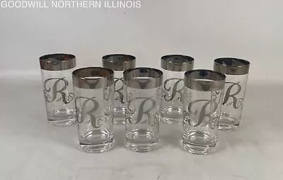 Vintage Clear Glass Silver Rim Monogram  R  Highball Drinking Glasses Set Of 7 • $9.99