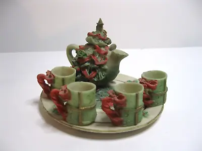 Resin MINIATURE Holiday Christmas Tree Tea Set - Cups Tea Pot Plate • $16.99