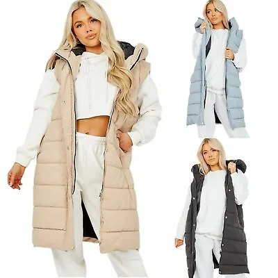 Ladies Plus Size 5xl & 6xl Long Line Hooded Puffer Gilet Jacket Padded Vest Top • £38.99