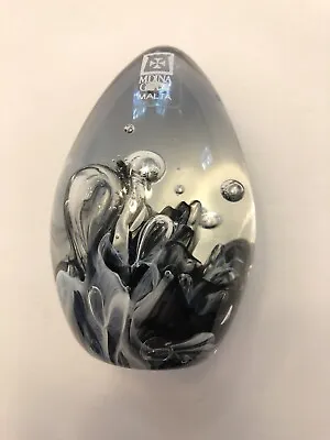 Signed Mdina Glass Paperweight Egg Controlled Bubble Shaped Black Gray White • $24.99