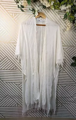 ZARA Women's White Open Front Kimono Boho Fringe Drape Festival Size Medium • $24.99