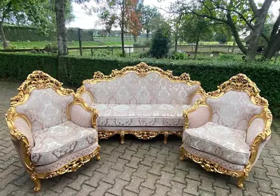 1900s French Louis XVI 3 Pcs Sofa Set - Gold Leaf Beech & Pale Pink Damask • $3900