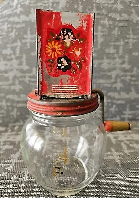 Vintage ANDROCK Glass Jar Nut / Spice Grinder Chopper Wood Handle Red Lid • $9.99