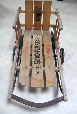 VTG Paris Maine SNO-FLAKE Wooden Baby Child’s Push Sled W Guard & Wheels # 800 • $89