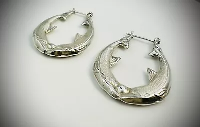 Vintage .925 Sterling Silver Kissing Dolphins Hollow Hoop Earrings • $29.99