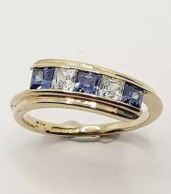 9ct Tanzanite & CZ Crossover Twist 5 Stone Yellow Gold Hallmarked Ring Size M • £145