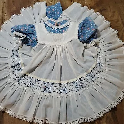 Vtg Bryan 4T Dress Blue Floral Apron Pinafore Lace Circle Prairie Cottage SEE • $75.86