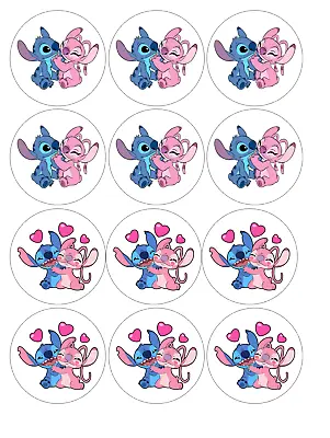 Set Of 12 Stitch & Angel Edible Paper Cupcake Cookie Toppers PRE CUT Choose Size • $5