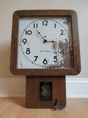 Rare ANTIQUE Regulator SETH THOMAS Wall Clock OAK LARGE SQUARE FACE Mission • $249.99