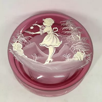 Mary Gregory Enamel Cranberry Glass Powder Box Jar • $39.99