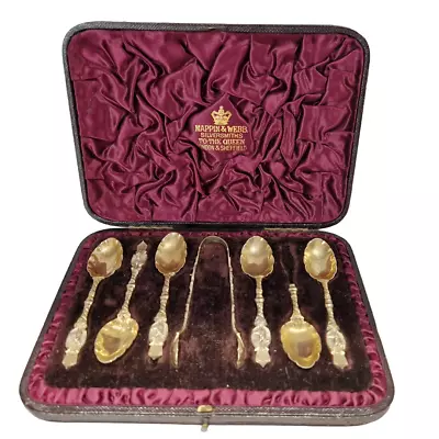 1887 Box Of Spoons + Sugar Tongs In Solid Silver Mappin & Webb Deer Decor • $254.86