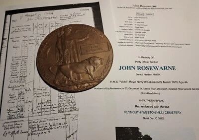 £110 • Buy WW1 Death Plaque Petty Officer Rosewarne, R.N, St Day, Cornwall Man