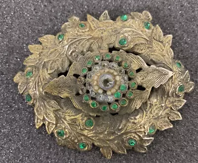 Vintage ! Art Nouveau Brooch Green Rhinestones Antique Jewelry Restorative • $17