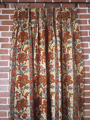 Vintage Floral Jacobean Curtains Pinch Pleaded Heavy Barkcloth Fabric Set Of 2  • $120