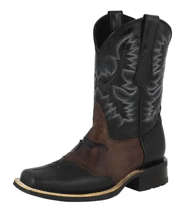 Mens Black Western Cowboy Boots Longhorn Overlay Square Toe All Real Leather • $79.99