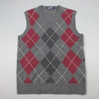 J Crew Sweater Vest Mens Medium Gray Argyle V-Neck 100% Lambswool Sleeveless • $24.99