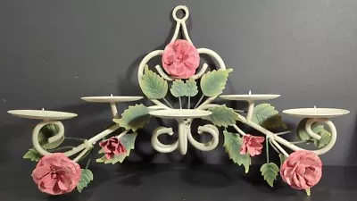 Vintage Metal Toleware Wall 5 Candle Holder Pink Rose/Floral Sconce Shabby Chic • £67.55