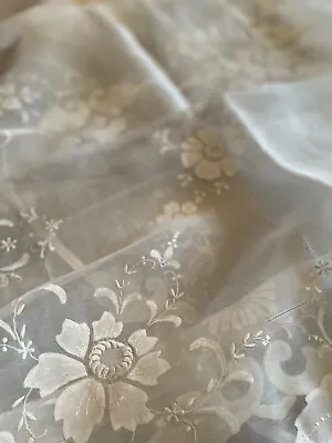 Vintage Pristine MADEIRA Silk Organdy Hand Appliqué White Tablecloth  60” X 120” • $125