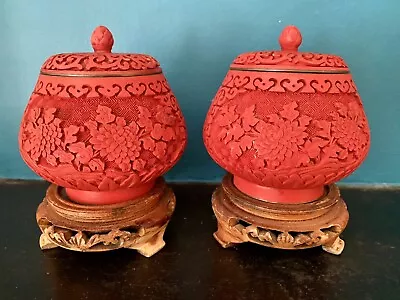 Lovely Vintage Pair Of Red Cinnabar Floral Lidded Pots On Carved Wooden Bases • £2.99