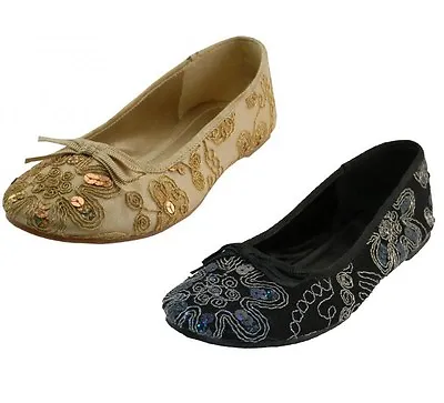 $9.99 • Buy Women's Floral Sequin Satin Flats Shoes W/ Rubber Sole Gold Black 6-10 New