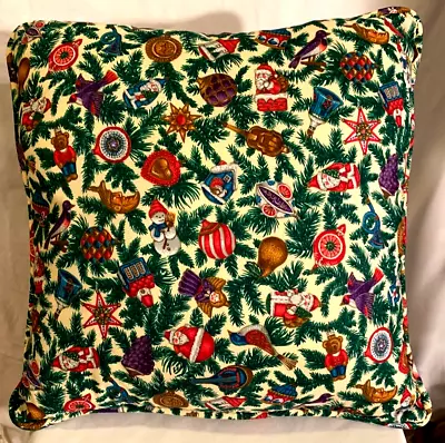 $14.50 • Buy Vintage Christmas Throw Pillow Multi Color Ornaments Green Red 16 X 16 Farmhouse