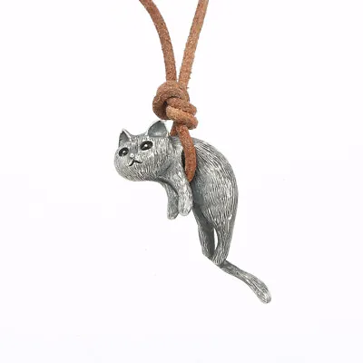 $5.18 • Buy Vintage 925 Silver Leather Cat Pendant Necklace Women Party Jewelry Gifts