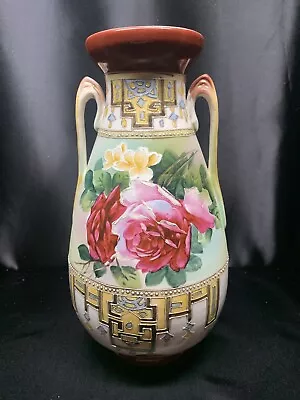 Antique Nippon Vase 10” 1900s Early Floral Roses In RedPinkYellowGreen • $32