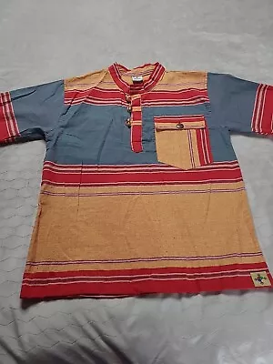 Men’s Striped Bohemian Cotton 1/4 Button Shirt S Katmandu Hand Made In Nepal • $8.40