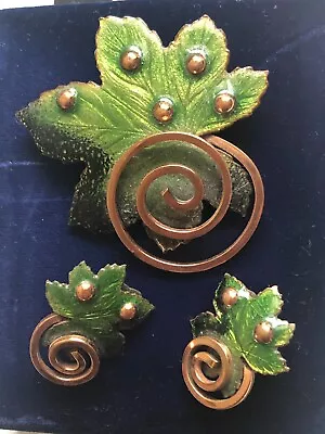 Matisse Brooch & Earrings Set Signed Copper & Green Enamel Leaves Vintage • $45