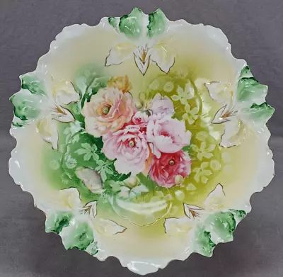  RS Prussia Iris Mold 25 Pink Peonies Yellow Green & Gold Large Bowl C.1880-1910 • $195