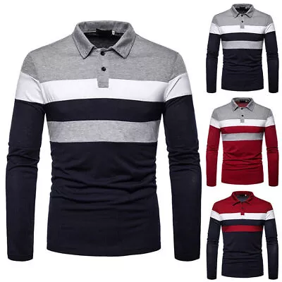 $15.10 • Buy Men Colorblock Striped Long Sleeve Polo Leisure Slim Golf  Pullover Blouse Tops