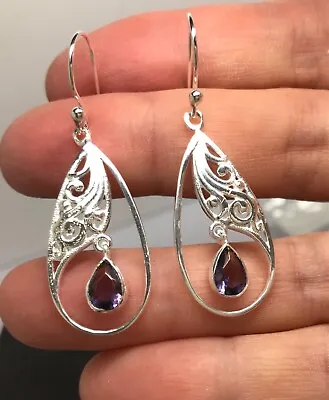 Iolite Pear Drop Earrings Solid Sterling Silver Long Natural Gift Box. • £34