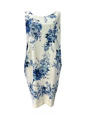 MARINA RINALDI White And Blue Floral Print Dress Size 18W/27 Retail $795 NWD • $68.58