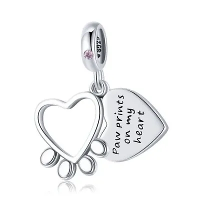 Cute Paw Prints On My Heart Love Dog Cat Pet Charm - 925 Sterling Silver • £12.99