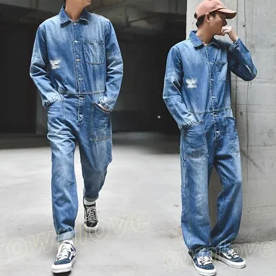 Men Denim Loose Casual Overall Jumpsuit Jeans Coat Suspender Romper Cowboy Pants • $61.82