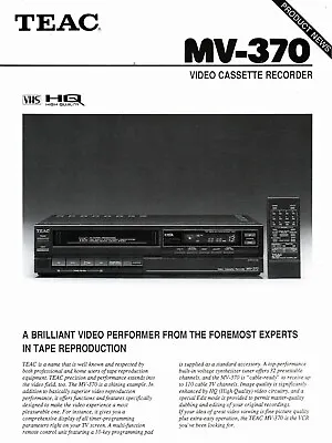 Teac - MV-370 Video Cassette Recorder - Original Sales Brochure -  • $5.25